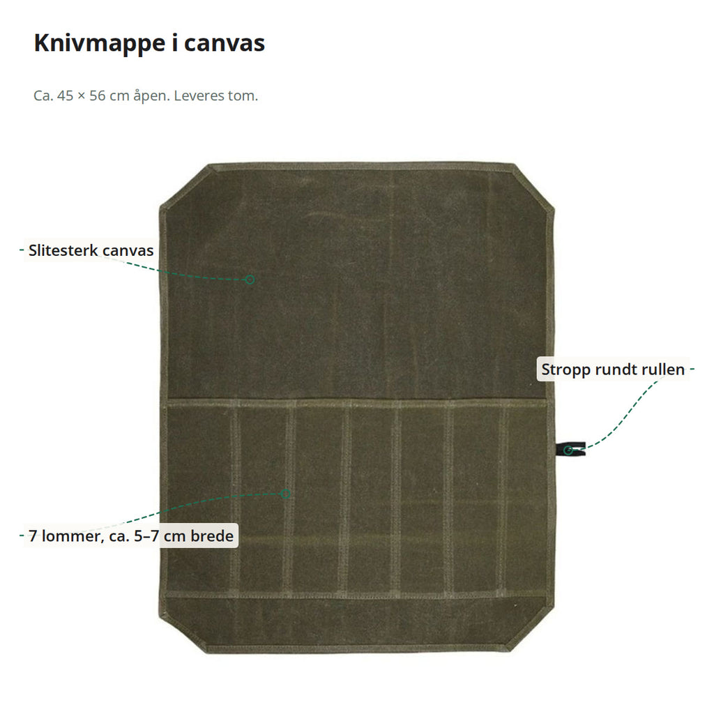 Grønn knivmappe i canvas, merket med canvas, sju lommer og stroppen som holder rullen sammen