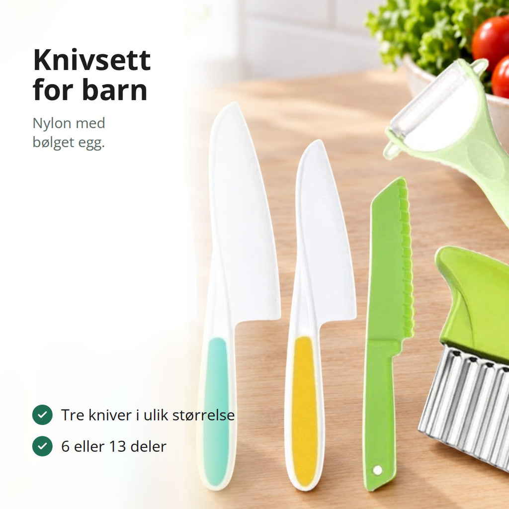 Knivsett for barn med nylonkniver og skreller på en kjøkkenbenk