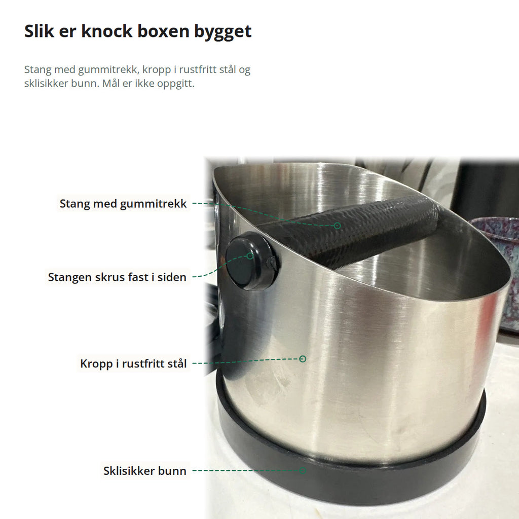 Knock boxen sett fra siden, merket med stangen med gummitrekk, skruen i siden, kroppen i rustfritt stål og den sklisikre bunnen