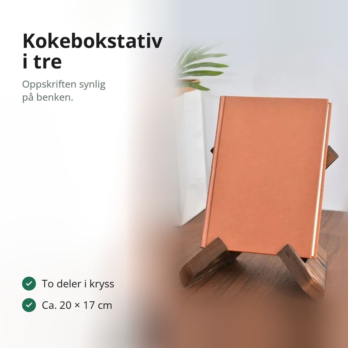 Kokebokstativ i mørkt tre med en lukket bok stående på stativet på et trebord