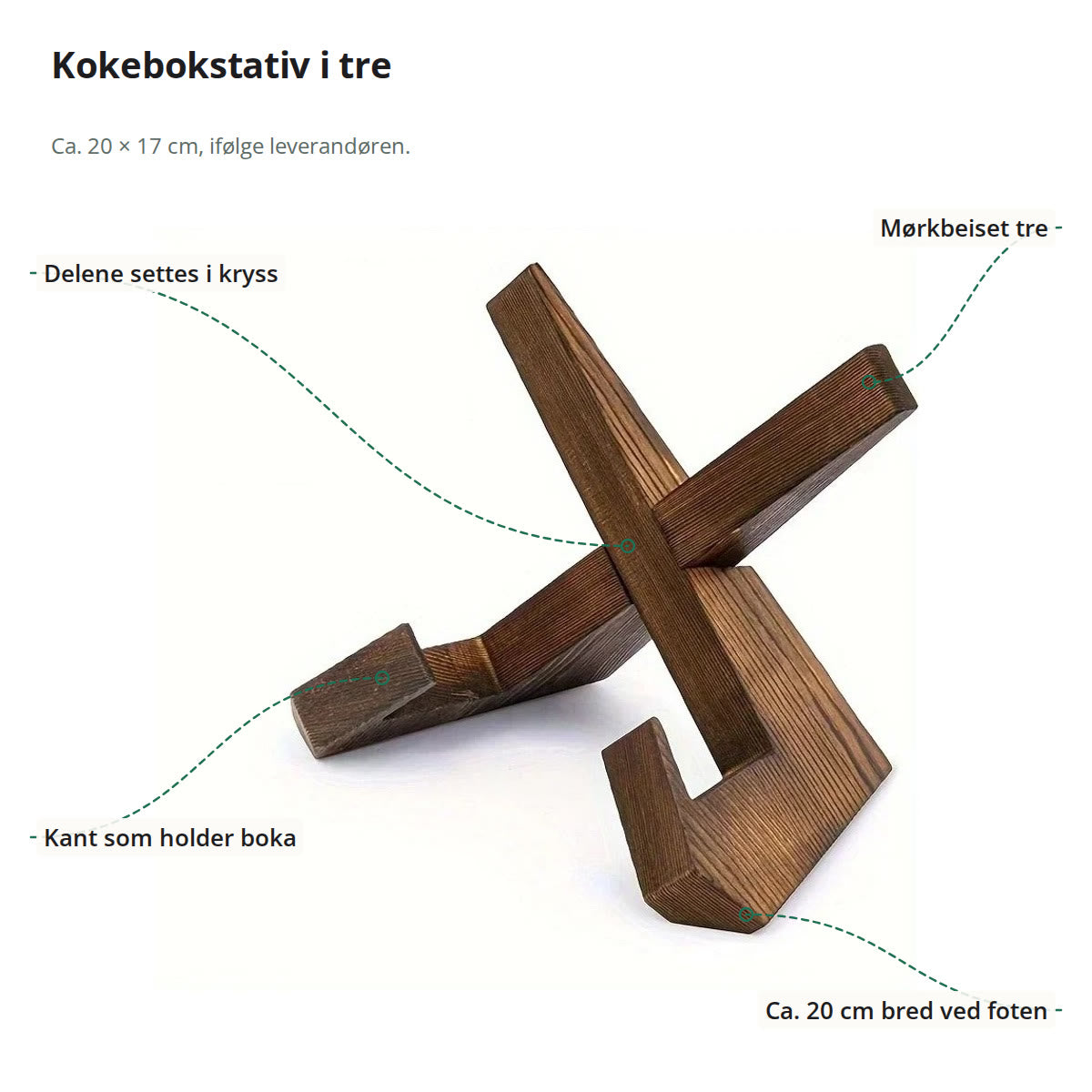 Kokebokstativ i tre merket med krysset, kanten som holder boka, mørkbeiset tre og bredden ved foten