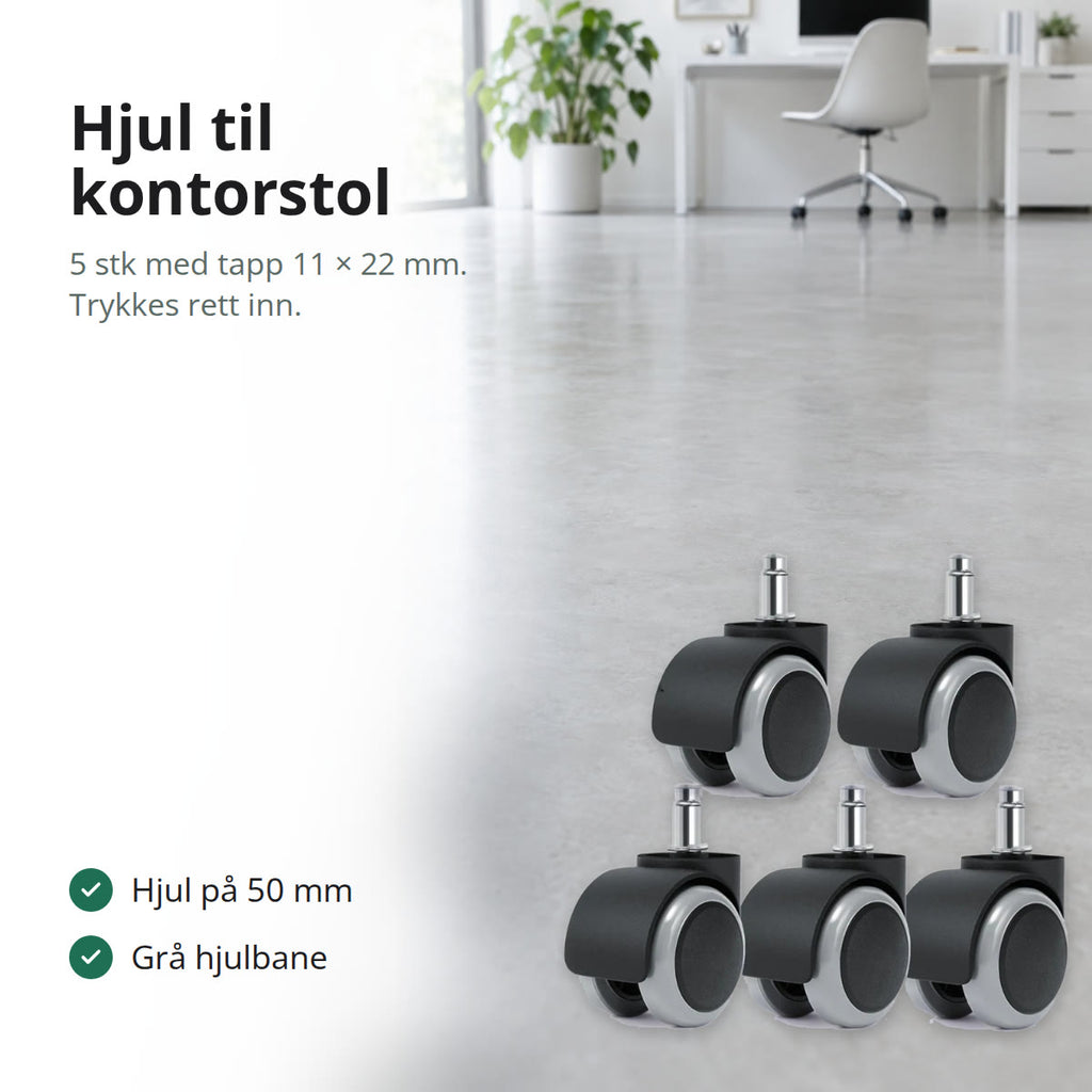 Fem hjul til kontorstol med grå hjulbane på et lyst betonggulv