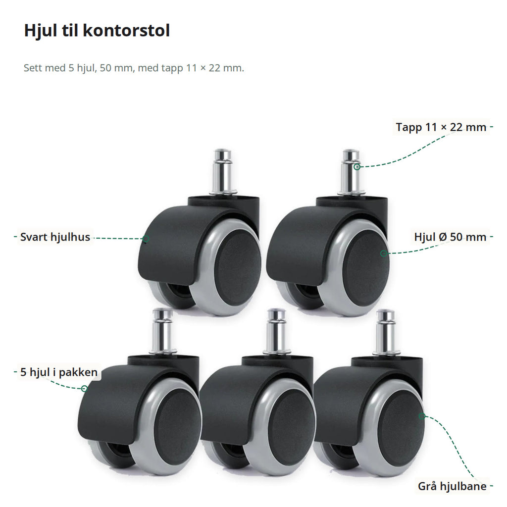 Fem kontorstolhjul merket med tapp 11 × 22 mm, hjul på 50 mm, grå hjulbane og svart hjulhus