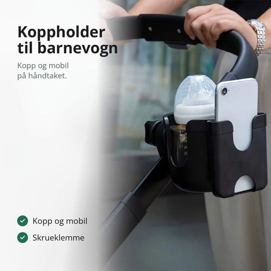 Svart koppholder med tåteflaske og mobil på håndtaket til en barnevogn