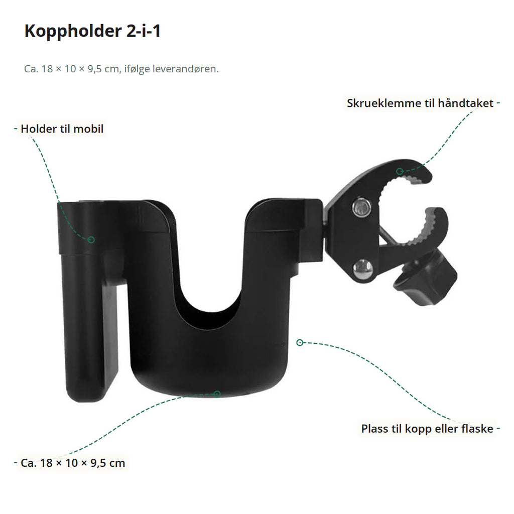 Koppholder til barnevogn merket med holder til mobil, skrueklemme, plass til kopp og mål