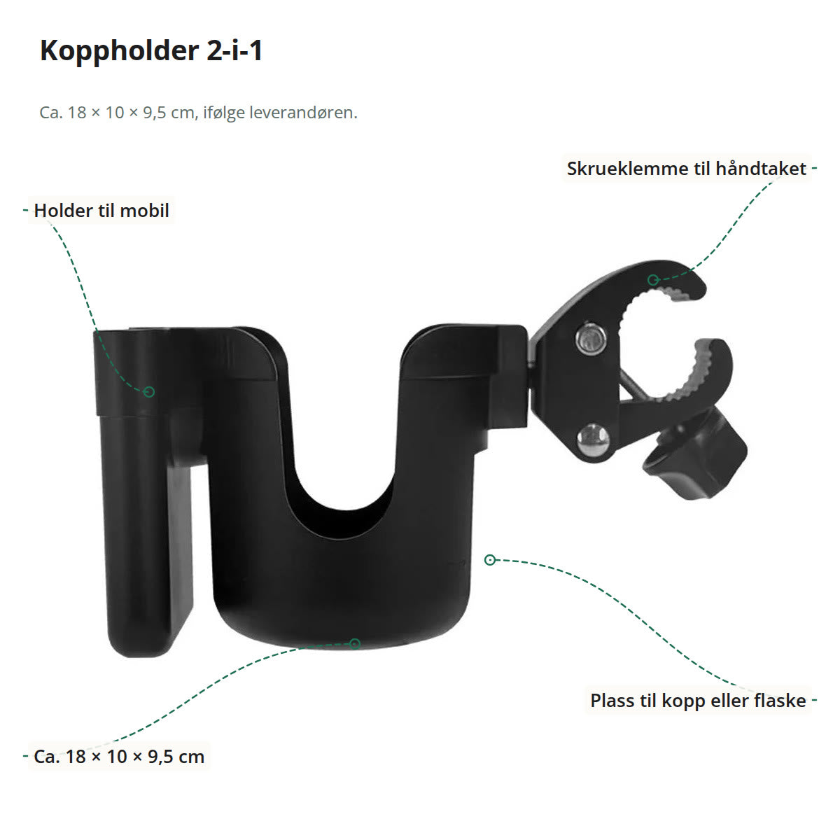 Koppholder til barnevogn merket med holder til mobil, skrueklemme, plass til kopp og mål