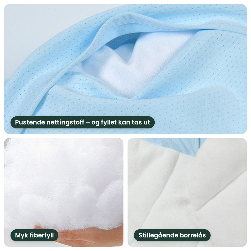 Nærbilder: pustende nettingstoff med fyllet synlig, myk fiberfyll og stillegående borrelås
