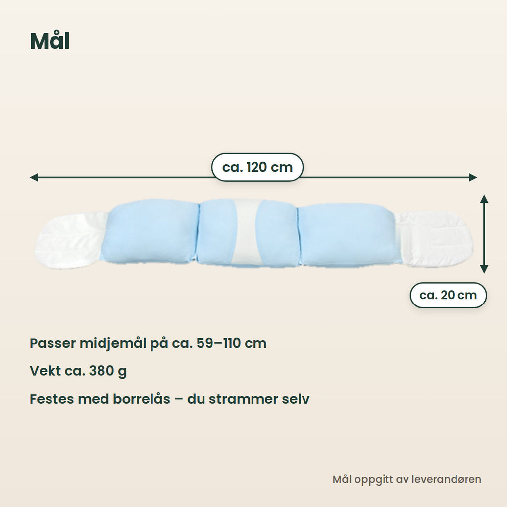 Mål: ca. 120 cm lang og ca. 20 cm bred, passer midjemål på ca. 59–110 cm, vekt ca. 380 g ifølge leverandøren