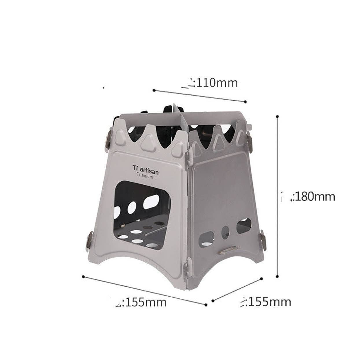 Måltegning av den store kvistbrenneren: 155 × 155 mm bunn, 180 mm høy, 110 mm topp