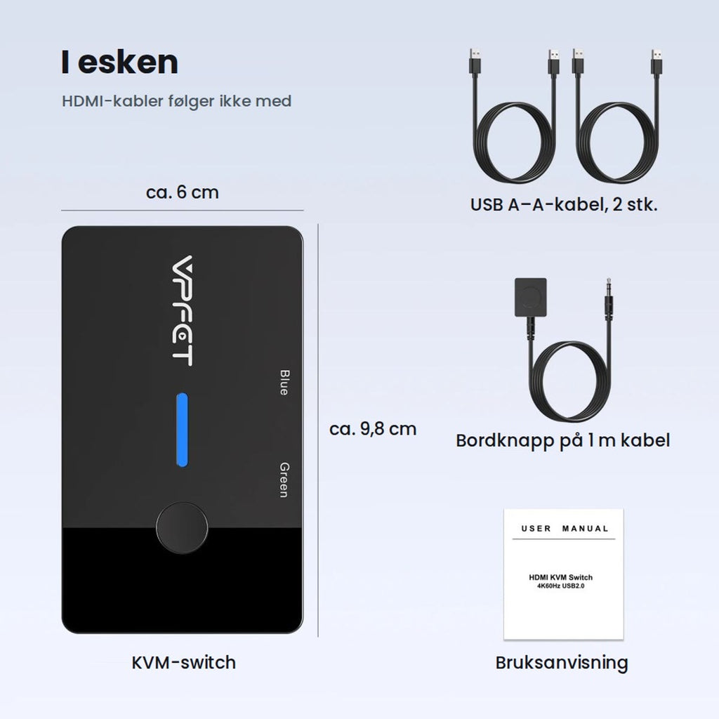 Innholdet i esken: KVM-switch på ca. 6 × 9,8 cm, to USB A–A-kabler, bordknapp på 1 m kabel og bruksanvisning