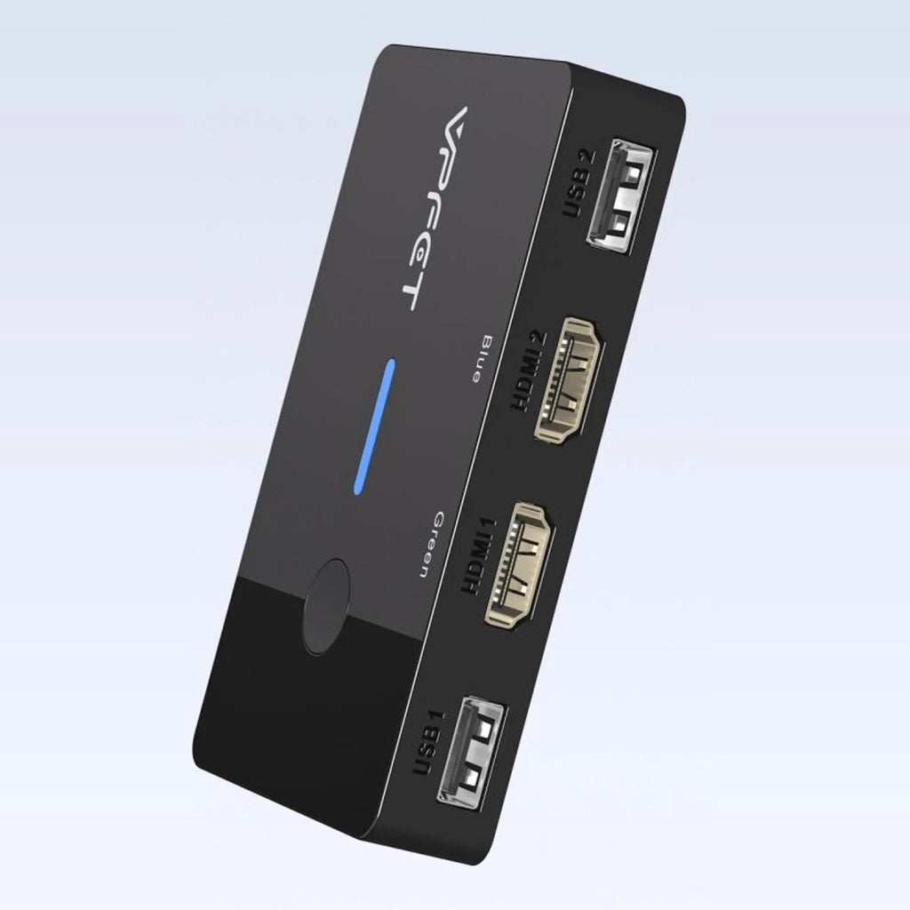 Baksiden av KVM-switchen med portene USB 2, HDMI 2, HDMI 1 og USB 1, og lyset og knappen på toppen