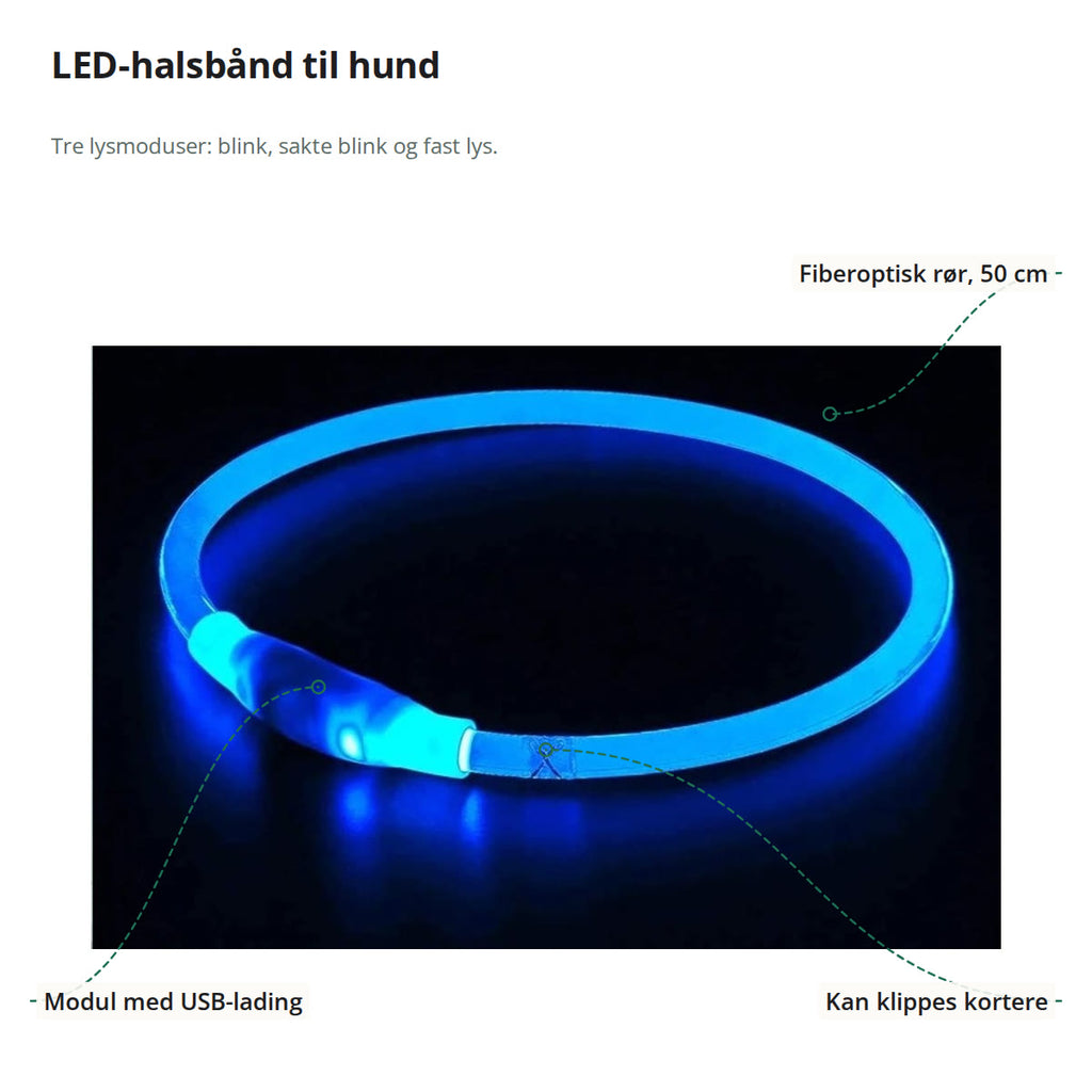 Blått LED-halsbånd merket med fiberoptisk rør på 50 cm, modul med USB-lading og merket der røret kan klippes