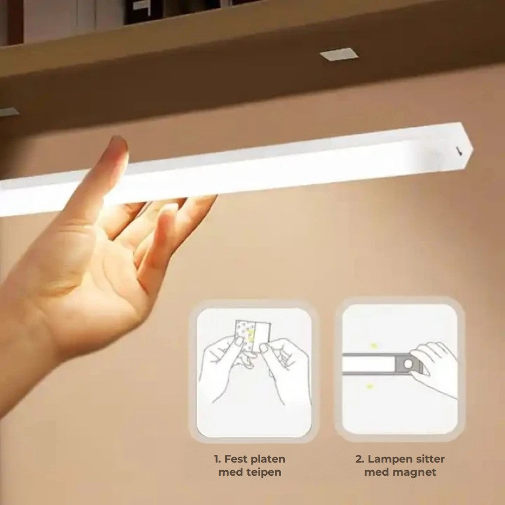 LED-lista festes med magnetplate og teip under en hylle