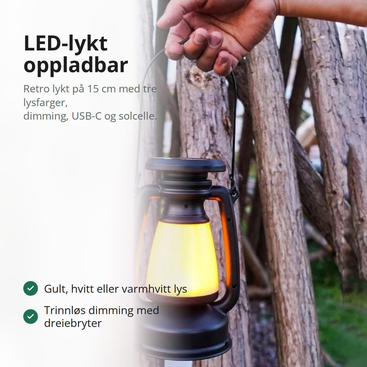 Svart retro LED-lykt med varmt lys, hengende fra en gren i skogen