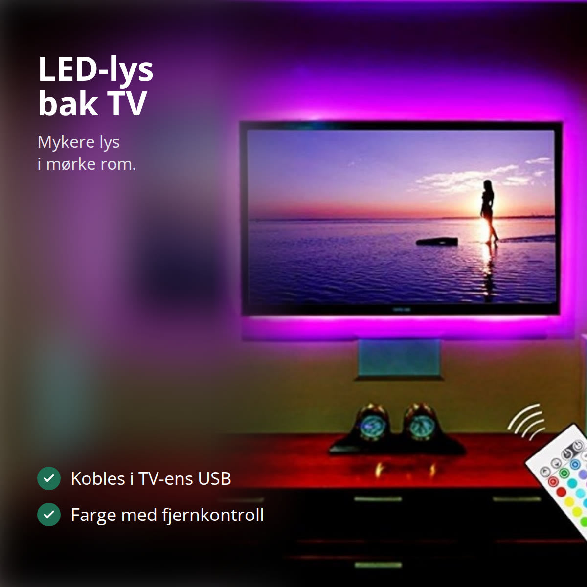 TV med rosa LED-lys bak skjermen i en mørk stue