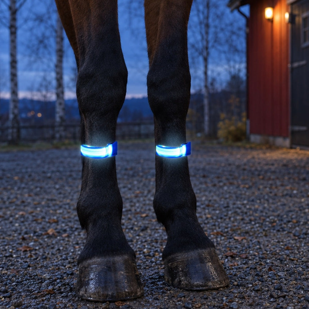 Blå LED-bånd som lyser rundt forbeina på en mørk hest på et gårdstun i skumringen, med en rød stall og bjørker i bakgrunnen