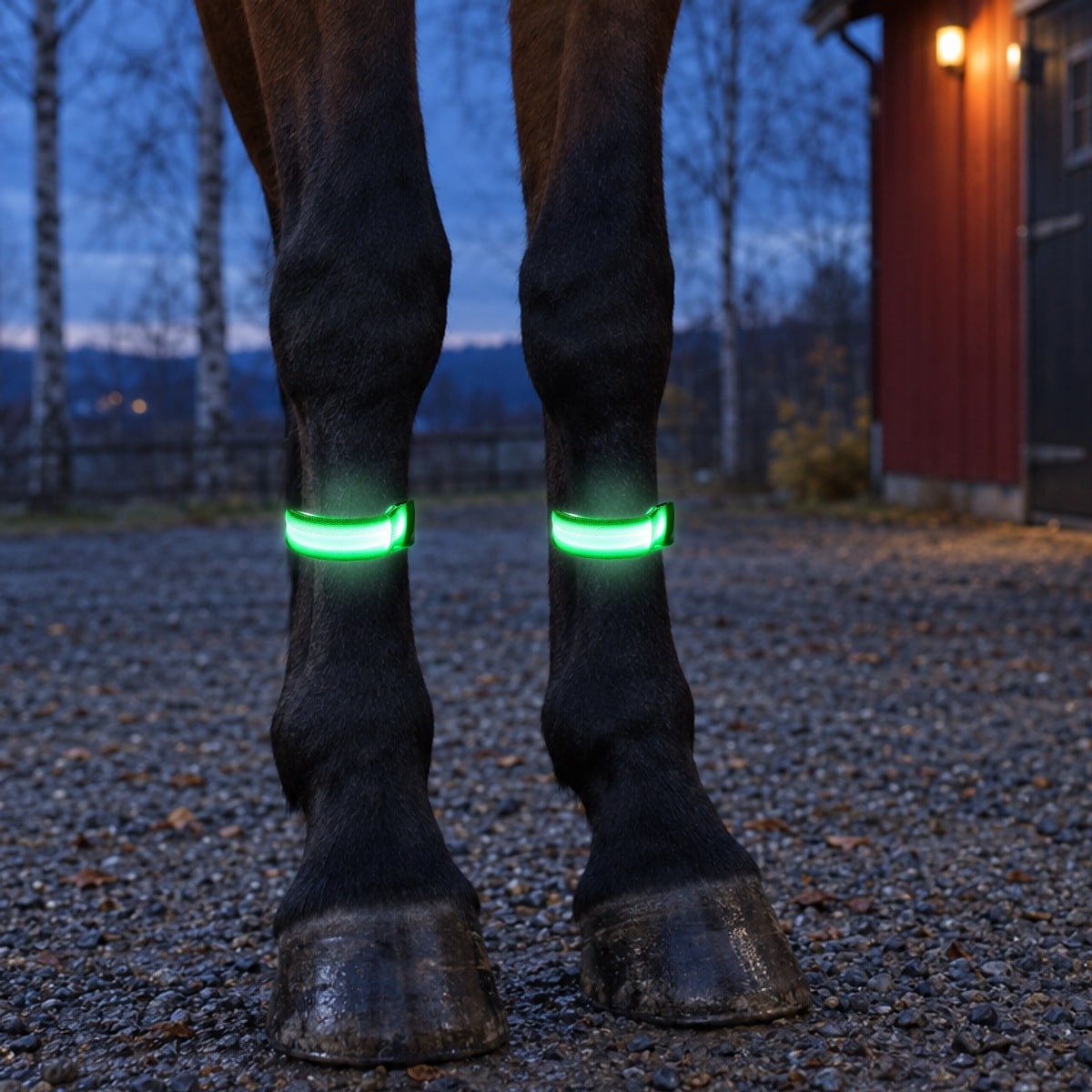 Grønne LED-bånd som lyser rundt forbeina på en mørk hest på et gårdstun i skumringen