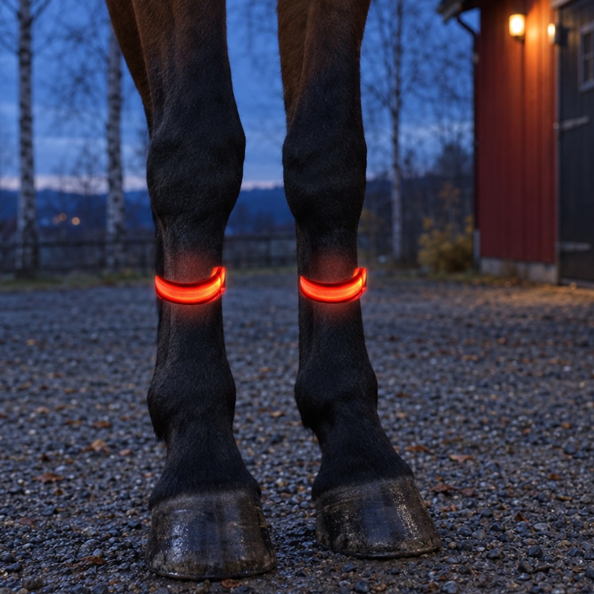 Oransje LED-bånd som lyser rundt forbeina på en mørk hest på et gårdstun i skumringen