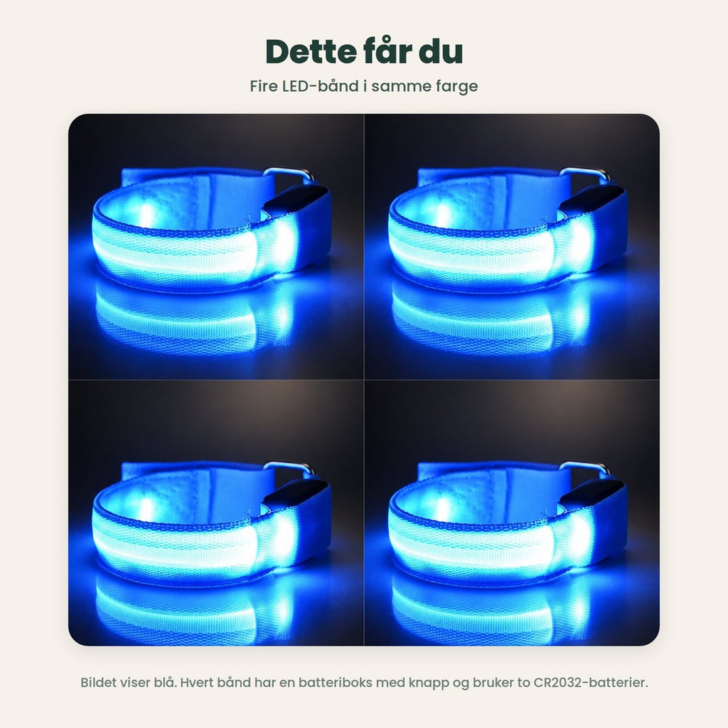 Dette får du: fire LED-bånd i samme farge, her blå med lyset på