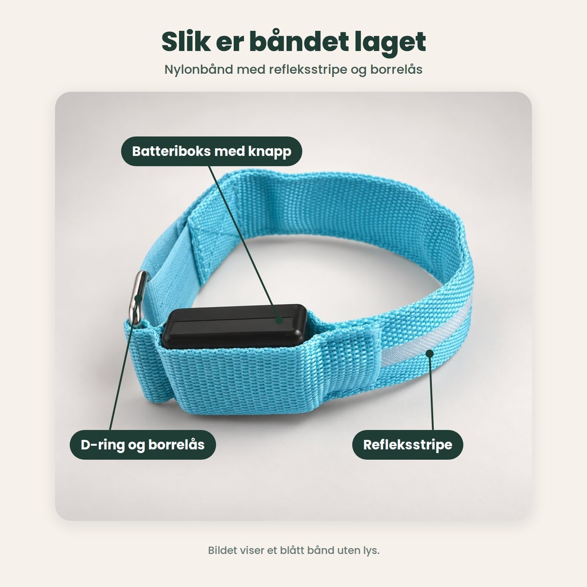 Et LED-bånd uten lys med batteriboks og knapp, D-ring og borrelås og refleksstripe