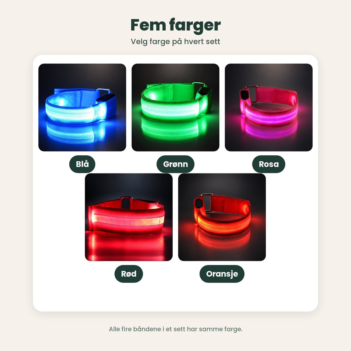 LED-båndene med lyset på i fem farger: blå, grønn, rosa, rød og oransje