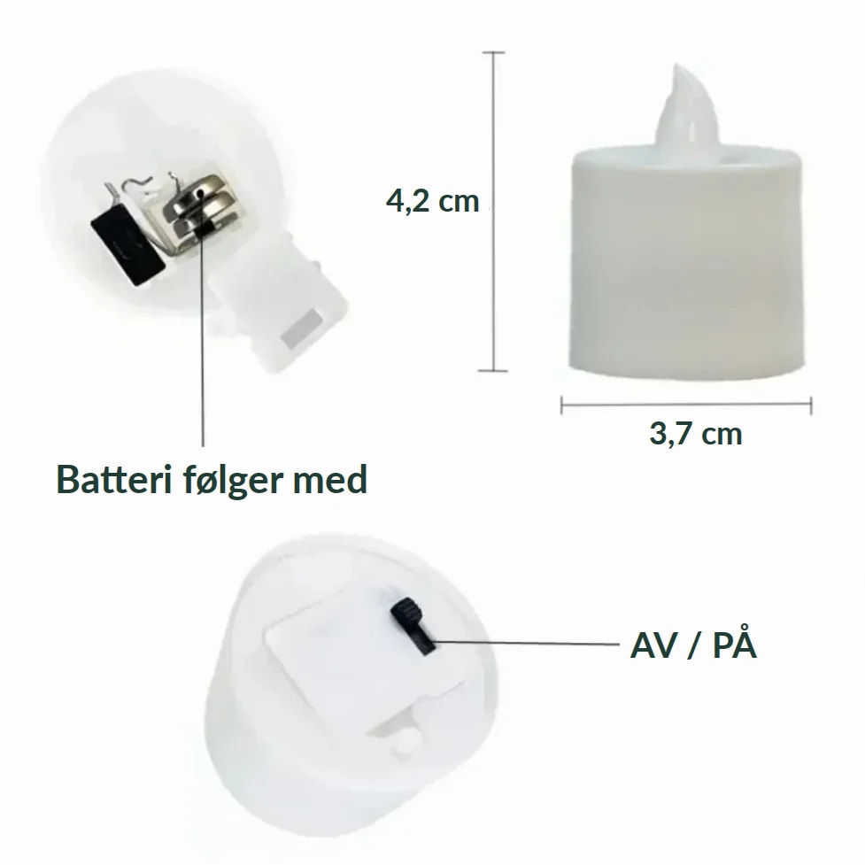Mål på LED-telyset: ca. 3,7 cm bredt og 4,2 cm høyt, batteri og av/på-bryter under