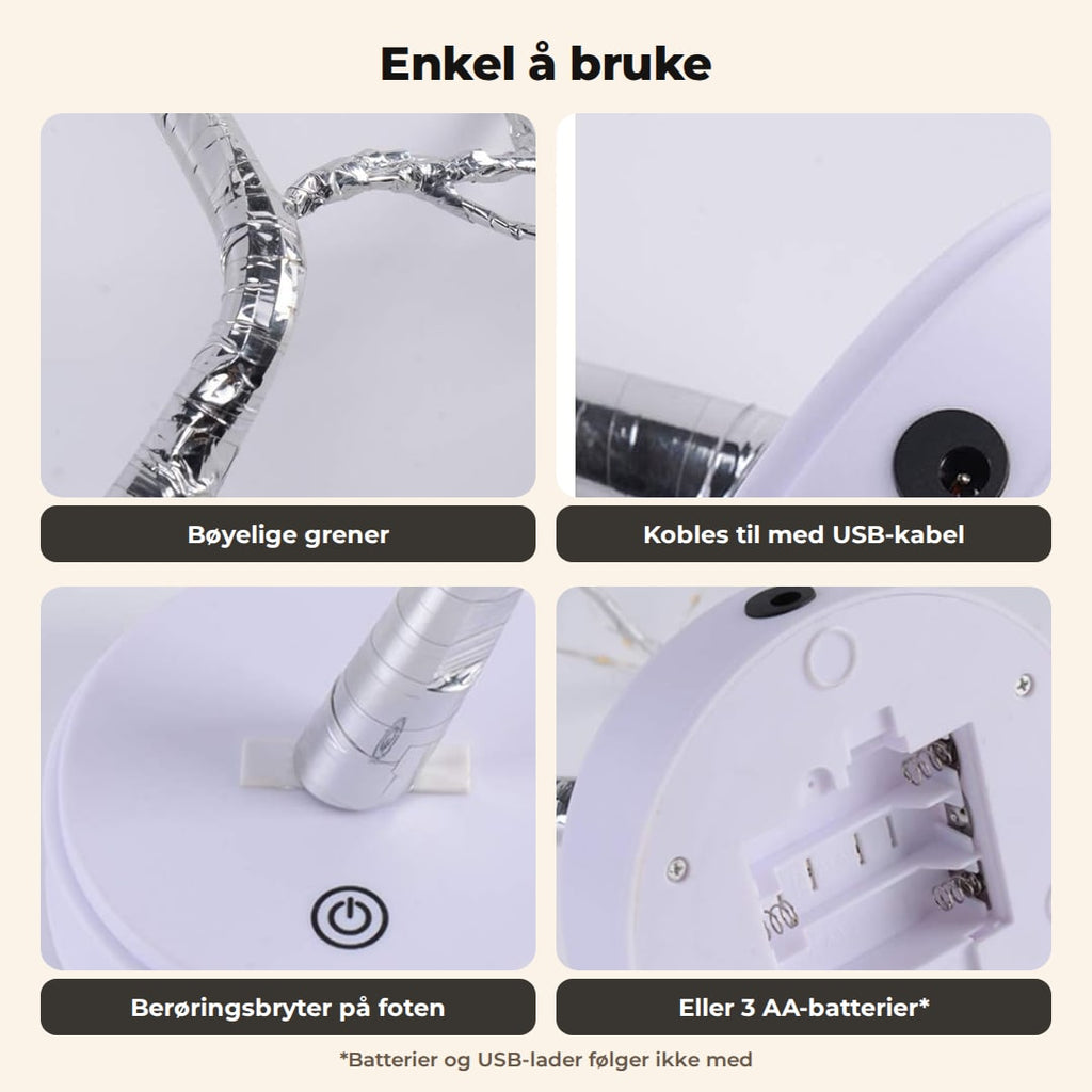 Bøyelige grener, kontakt for USB-kabelen, berøringsbryter på foten og batterirom for 3 AA-batterier