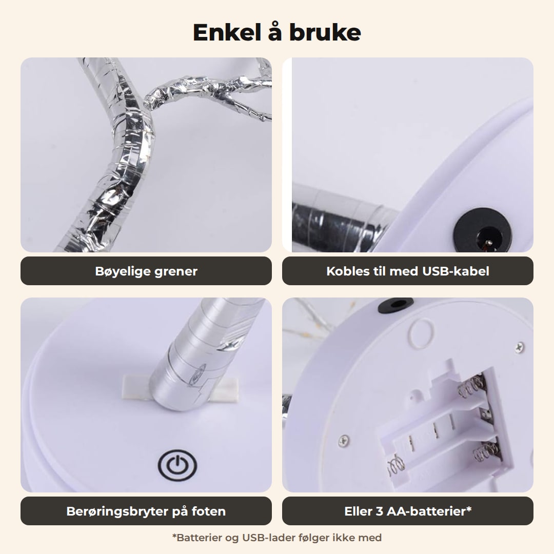 Bøyelige grener, kontakt for USB-kabelen, berøringsbryter på foten og batterirom for 3 AA-batterier