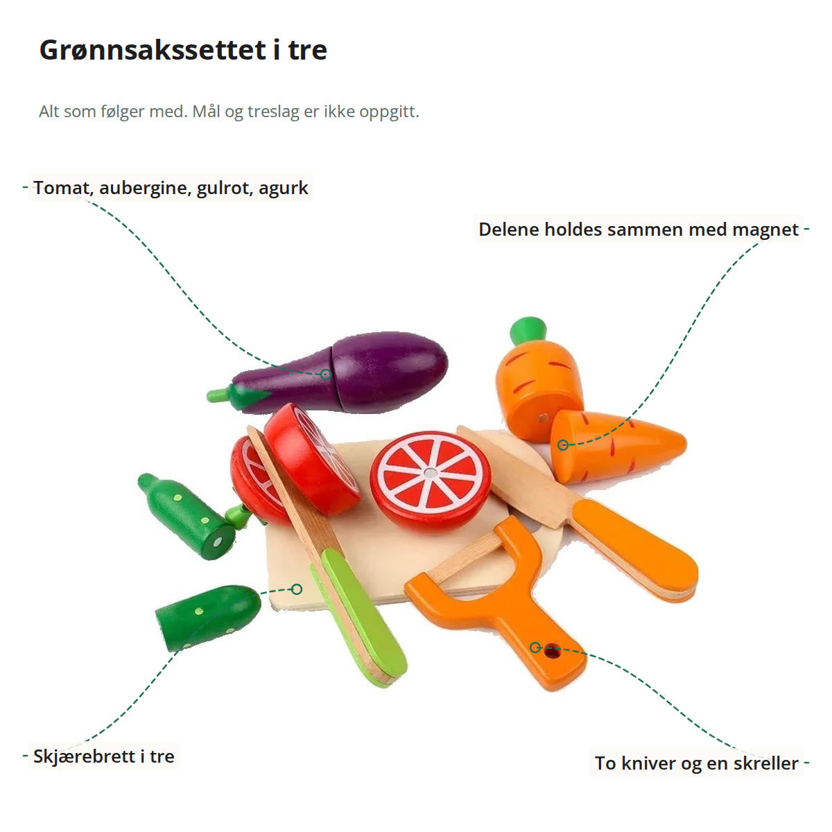 Lekematen merket med tomat, aubergine, gulrot og agurk, magnet mellom delene, skjærebrett i tre, to kniver og skreller