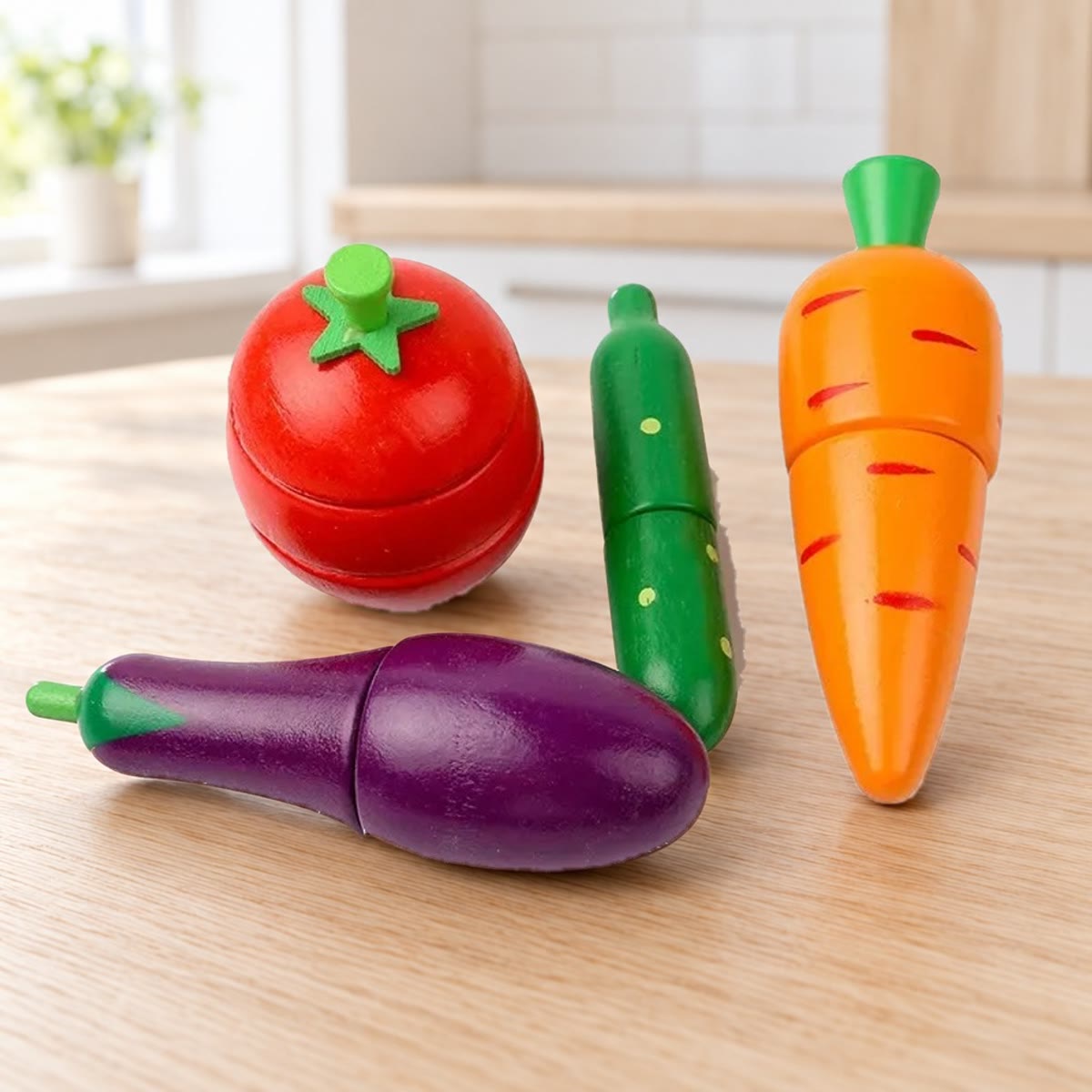 De fire grønnsakene i tre – tomat, agurk, gulrot og aubergine – på et kjøkkenbord i eik