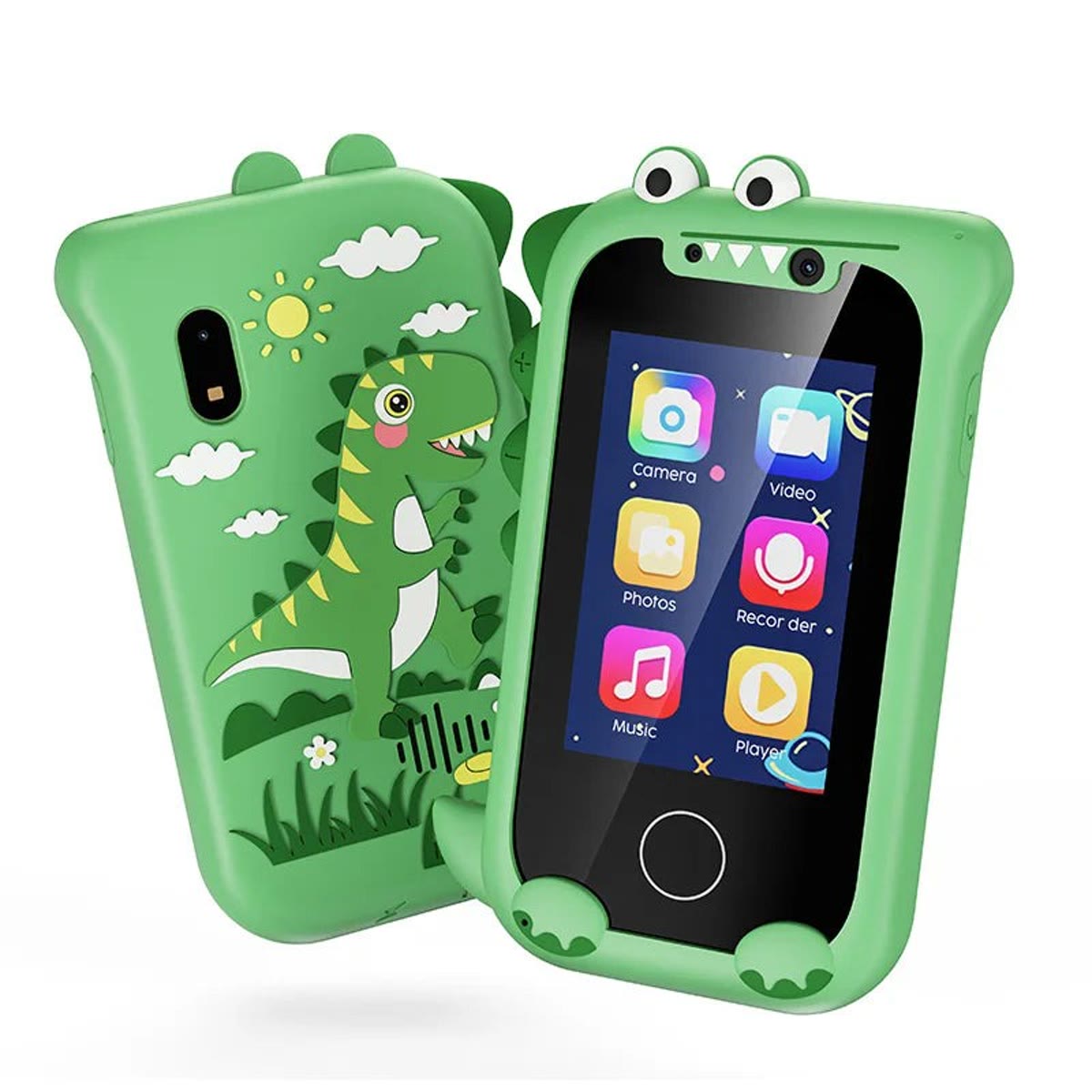 Grønn leketelefon med dinosaurdeksel, sett forfra og bakfra