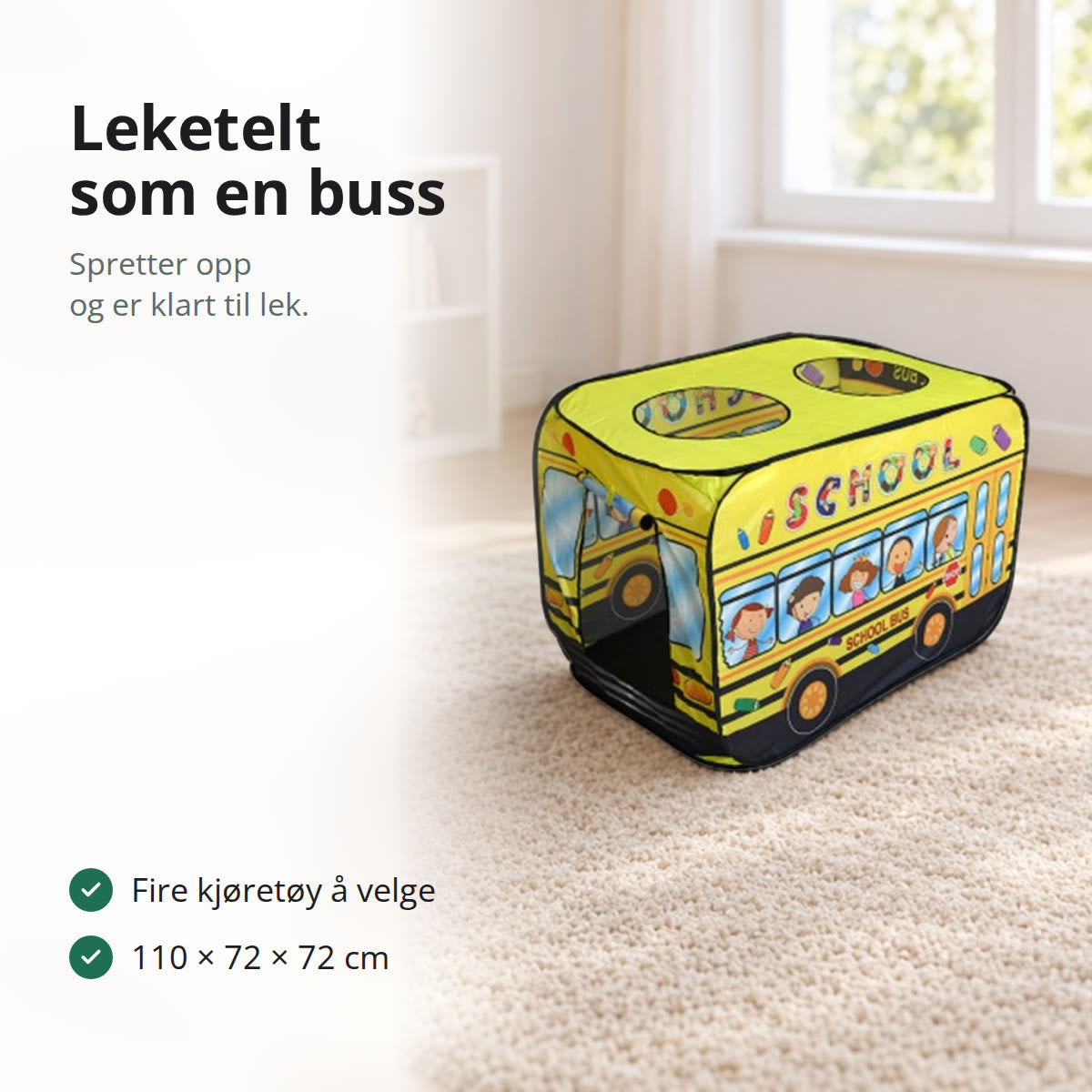 Gult leketelt formet som en skolebuss i et lyst barnerom