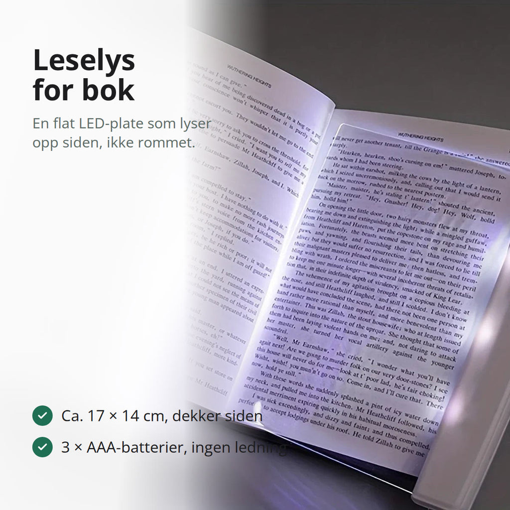 Flat leselysplate lagt over siden i en åpen bok, med lys som fyller siden