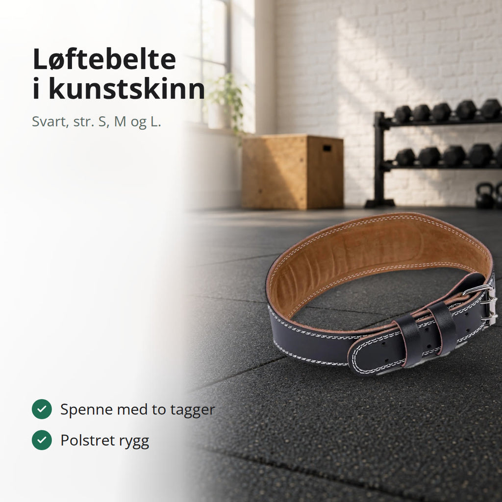 Svart løftebelte i kunstskinn med brun innside og spenne med to tagger, på et gummigulv i et treningsrom