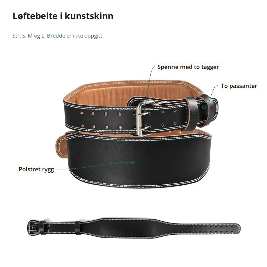 Løftebeltet lukket og utbrettet, med spenne, passanter og rygg merket