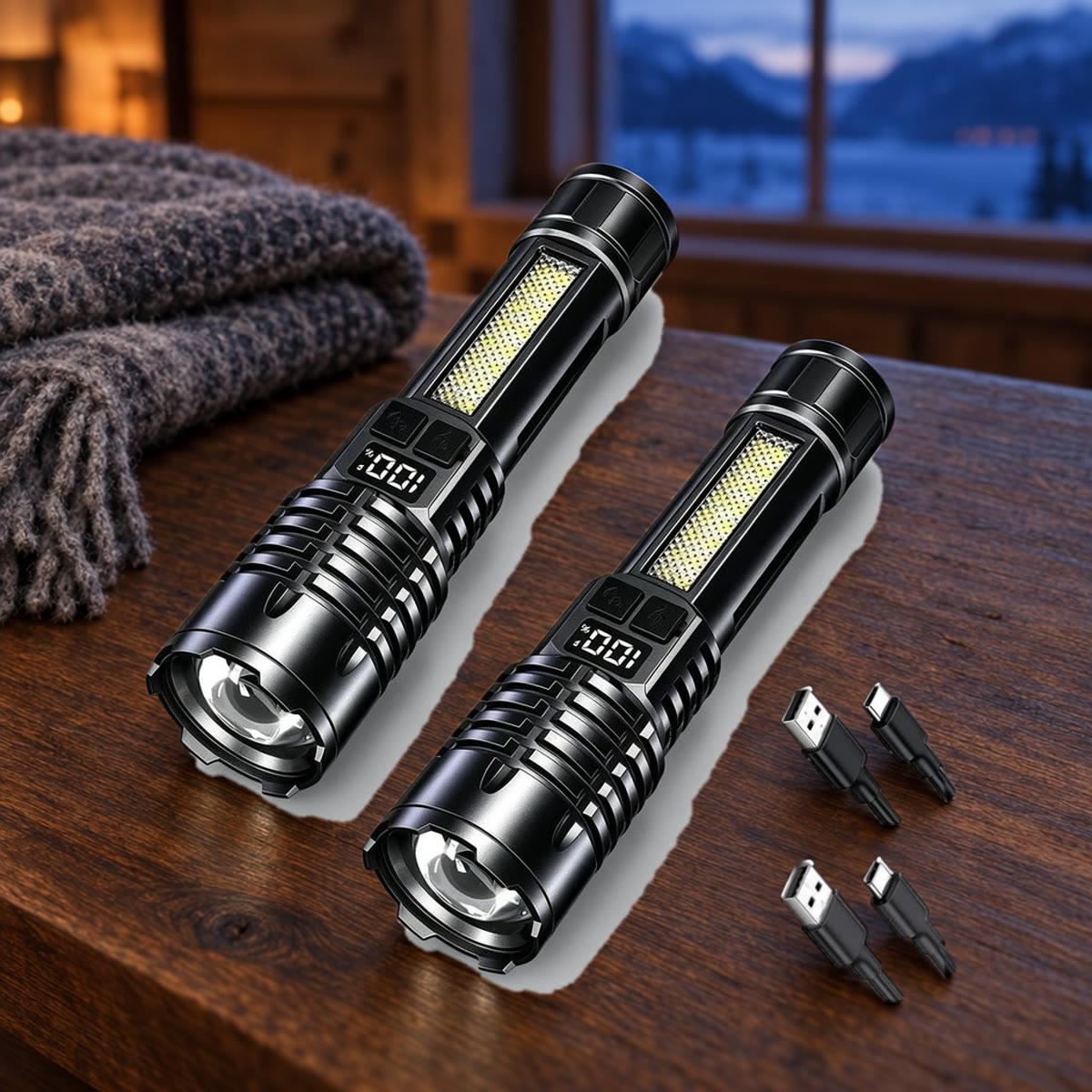 To oppladbare lommelykter med sidelys og display, med USB-C-kabler, på et bord i en hytte