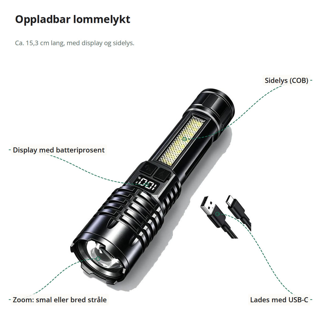 Oppladbar lommelykt merket med display for batteriprosent, sidelys, zoomhode og USB-C-kabel