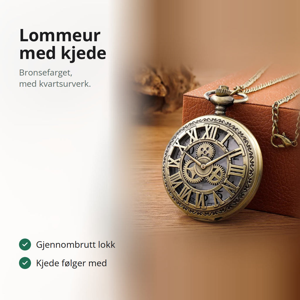 Lukket lommeur med gjennombrutt lokk og kjede lent mot en brun skinneske