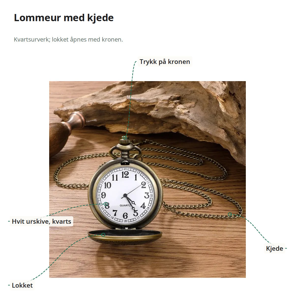 Åpent lommeur merket med kronen, hvit urskive med kvartsurverk, lokket og kjedet