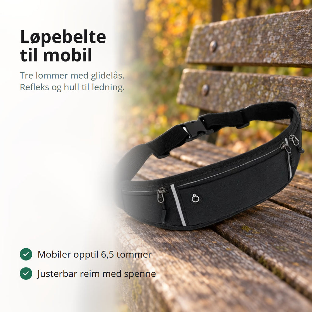 Svart løpebelte til mobil med tre glidelåslommer og refleksstripe på en benk i parken