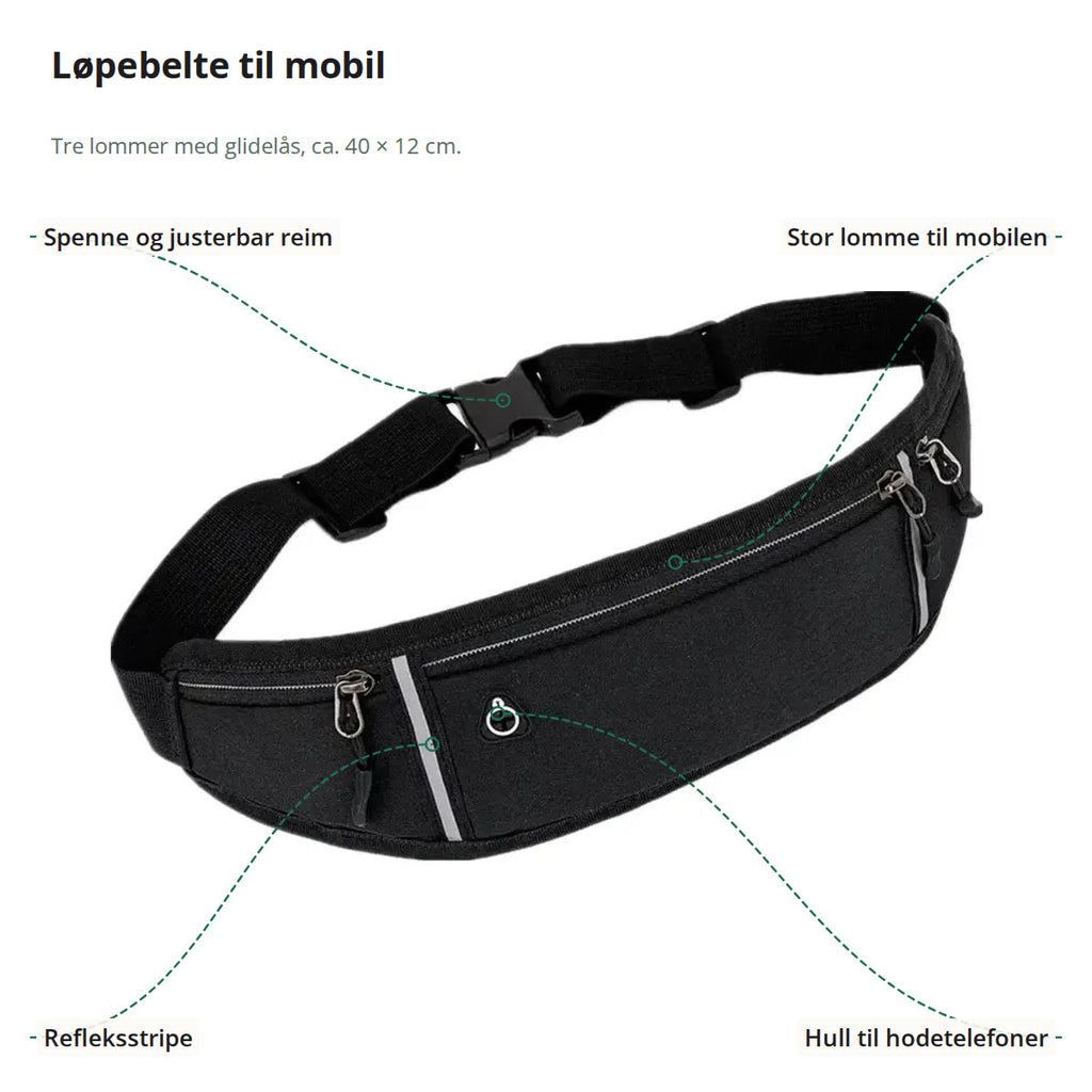 Løpebeltet merket med spennen og reima, den store mobillommen, refleksstripen og hullet til hodetelefoner