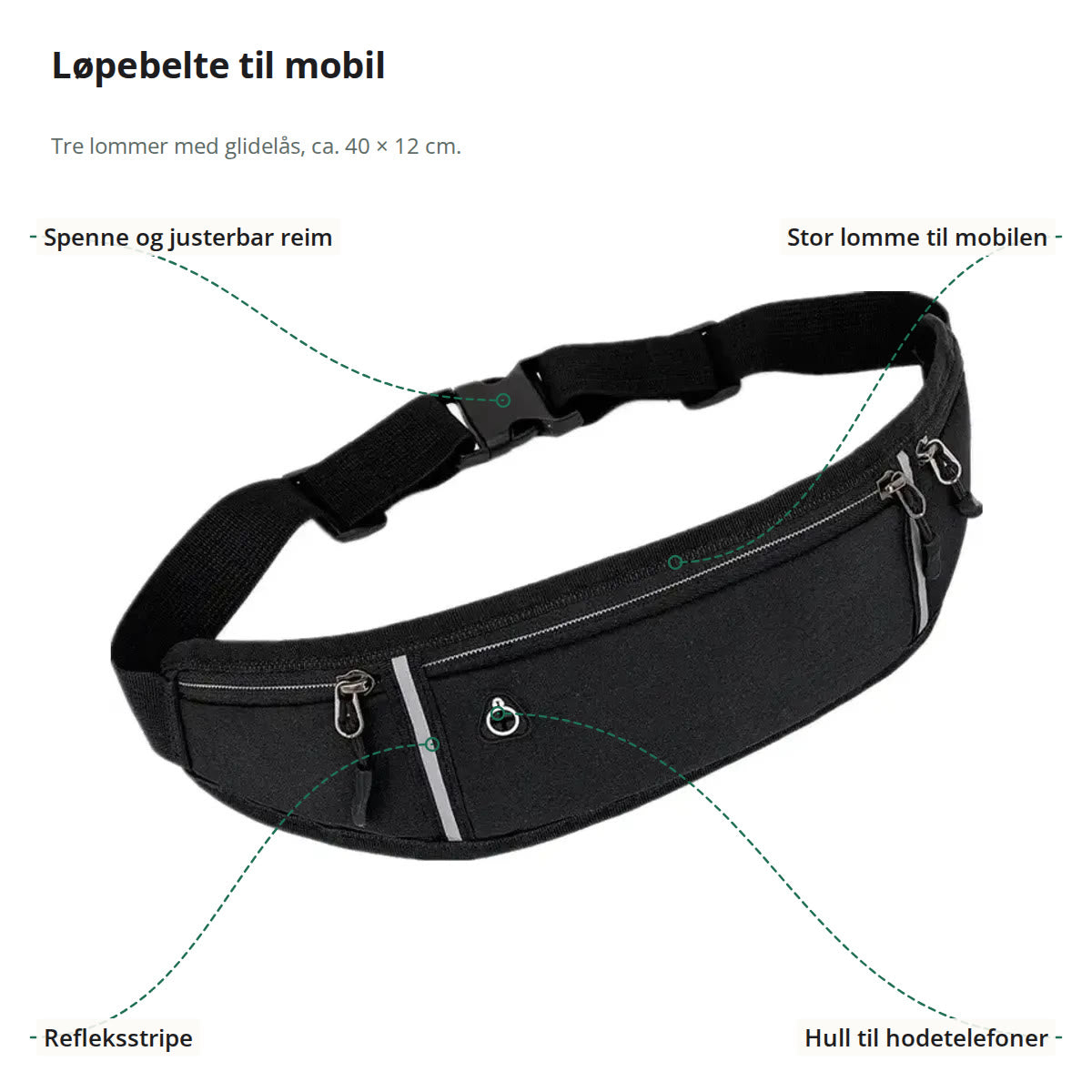 Løpebeltet merket med spennen og reima, den store mobillommen, refleksstripen og hullet til hodetelefoner