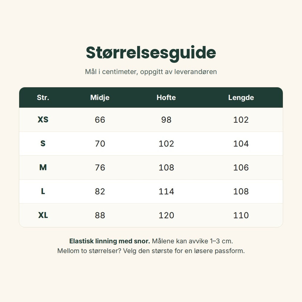 Størrelsesguide for Flettra: midje, hofte og lengde i centimeter fra XS til XL