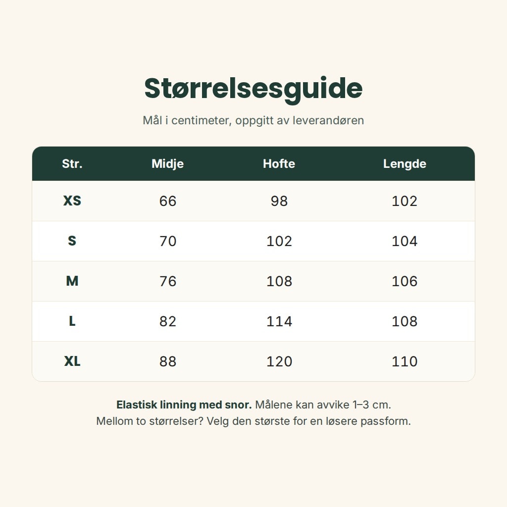 Størrelsesguide for Flettra: midje, hofte og lengde i centimeter fra XS til XL