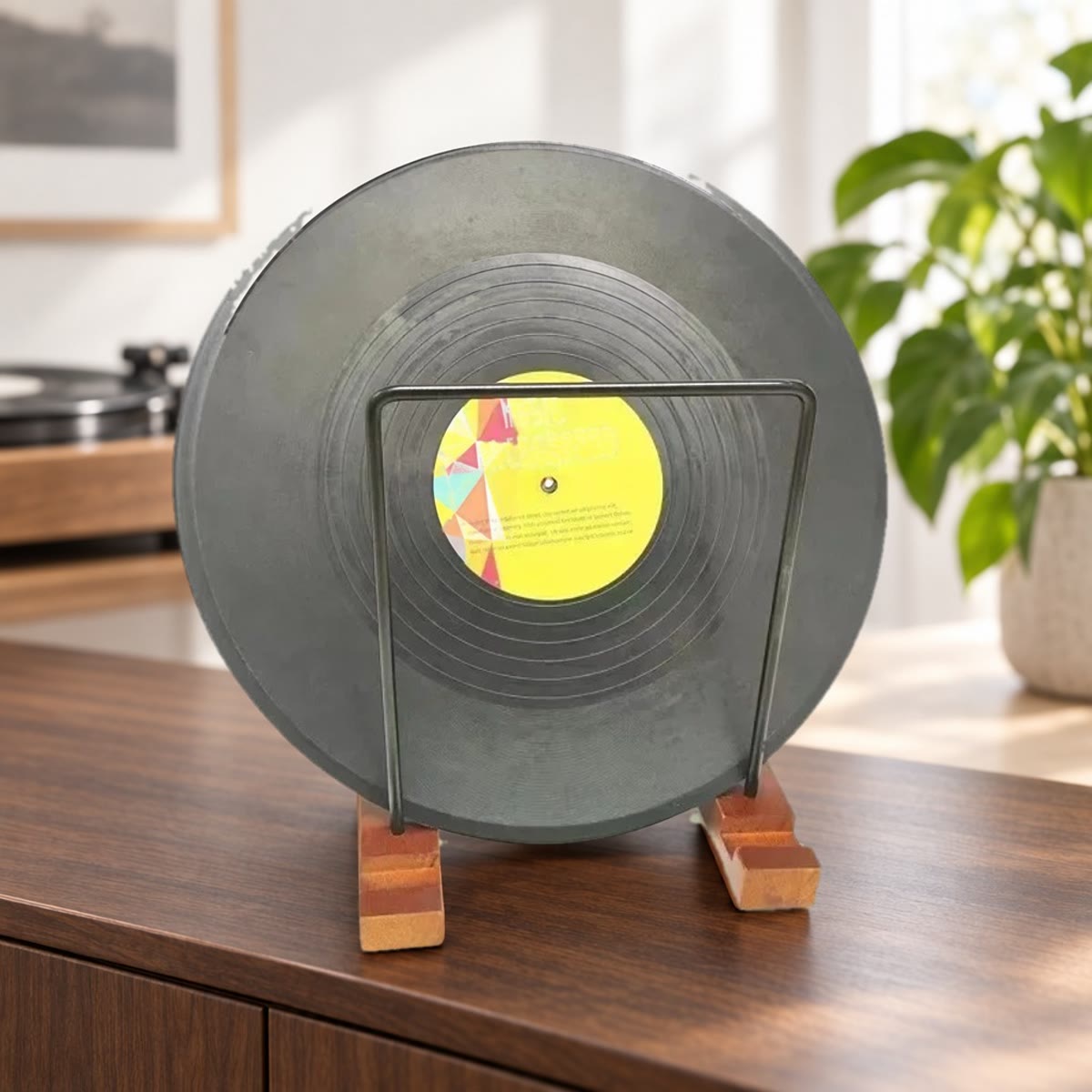 LP-stativ sett forfra med en vinylplate mellom rammene, på en skjenk i valnøtt med grønn plante
