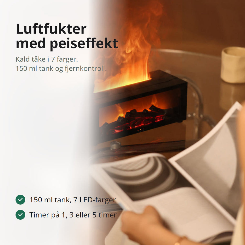 Luftfukter med peiseffekt i sort, formet som en liten peis med vindu og vedkubber