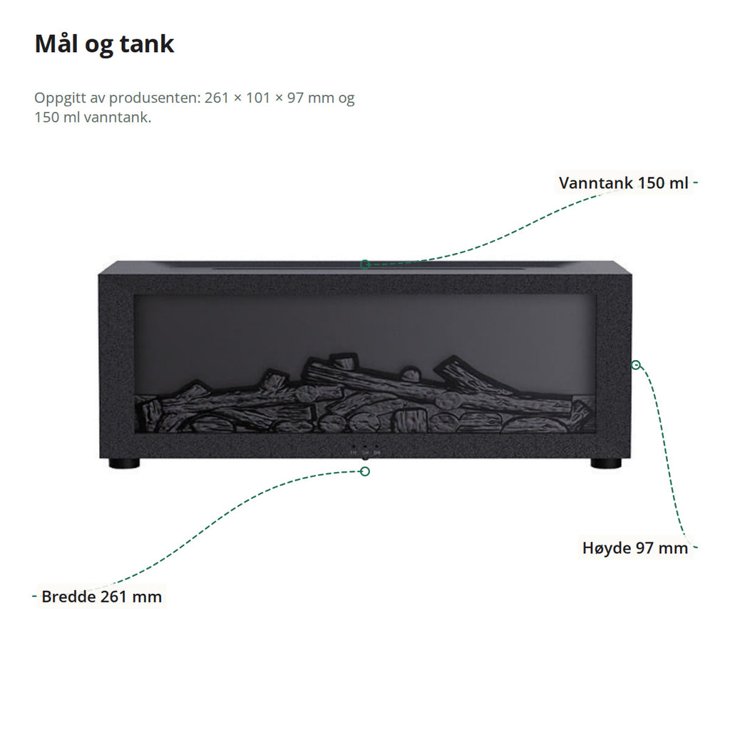 Luftfukteren sett forfra med mål: 261 mm bred, 97 mm høy, og 150 ml vanntank