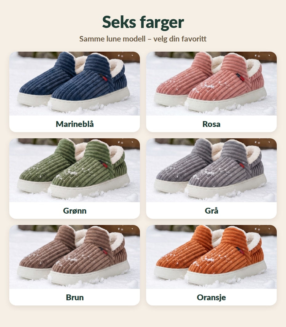 Lunka i seks farger: marineblå, rosa, grønn, grå, brun og oransje