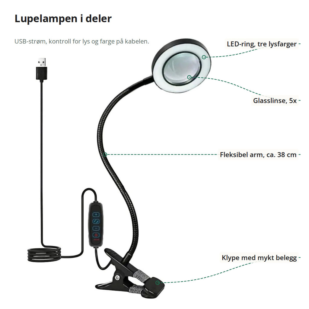 Lupelampe merket med LED-ringen, glasslinsen, den fleksible armen og klypen med mykt belegg