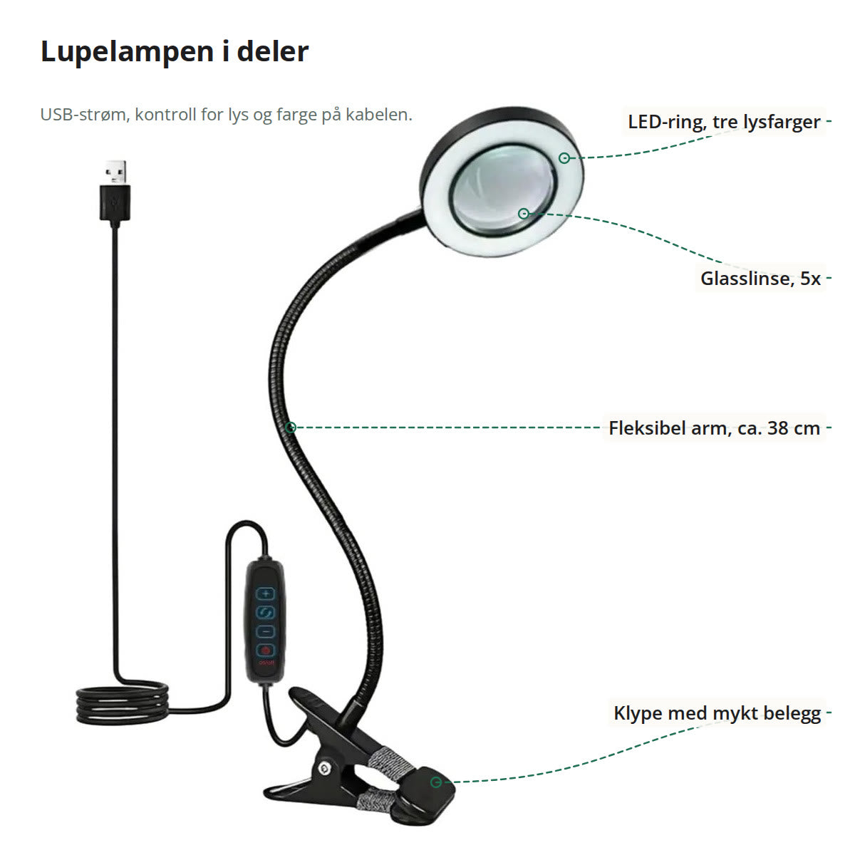 Lupelampe merket med LED-ringen, glasslinsen, den fleksible armen og klypen med mykt belegg